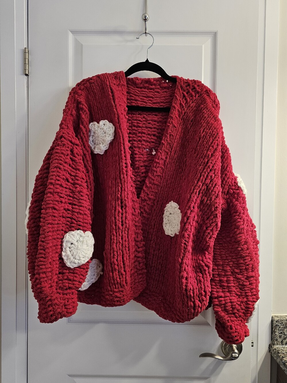 Kids Red Chunky Knit Cardigan with White Heart Accents